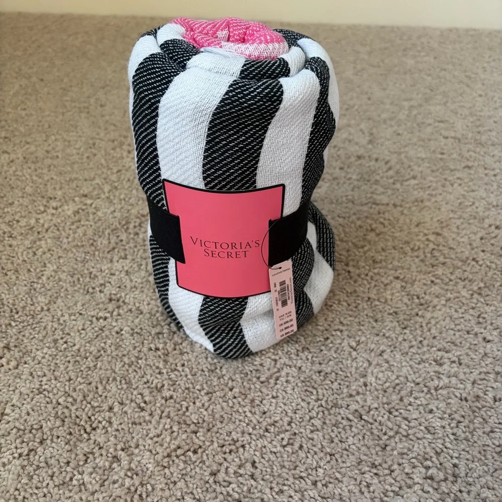 Victoria's Secret Black and White Striped Blanket with Pink